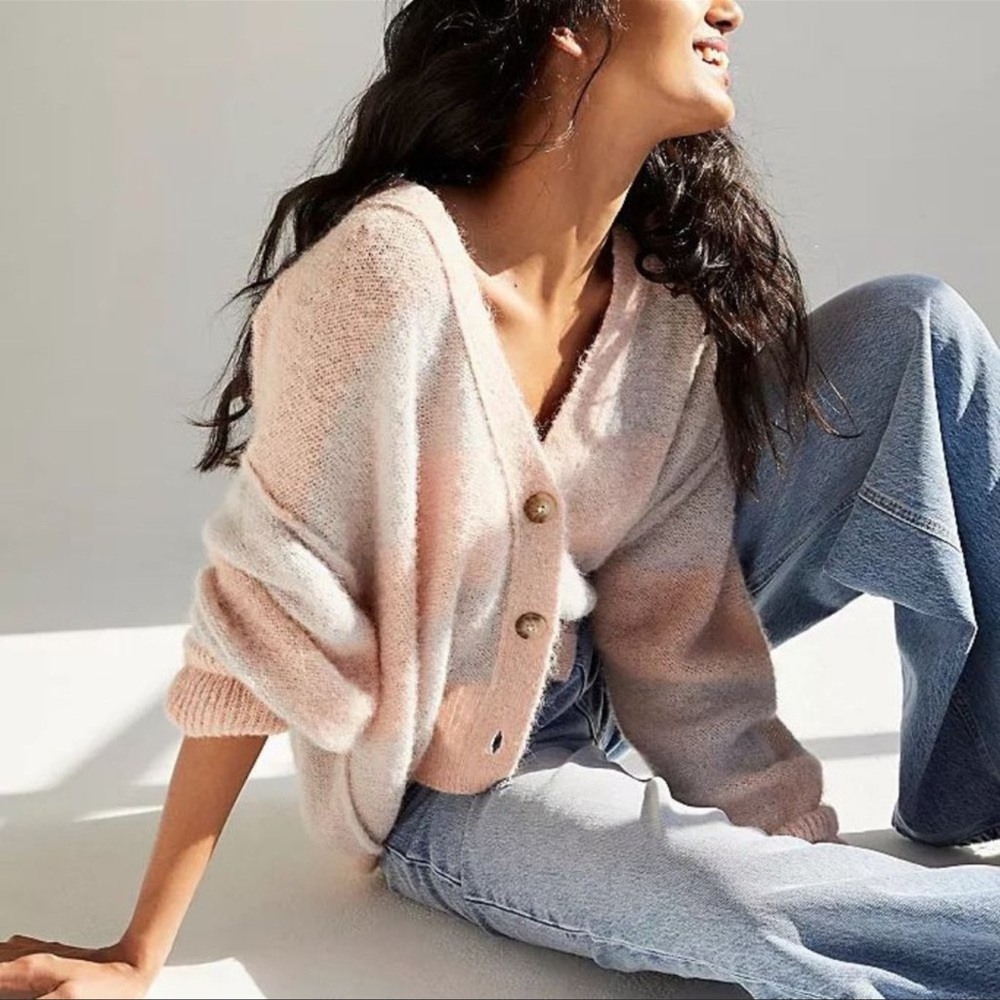 Free People Striped Eclair Cardi Button Size XS NWT Pink Grey